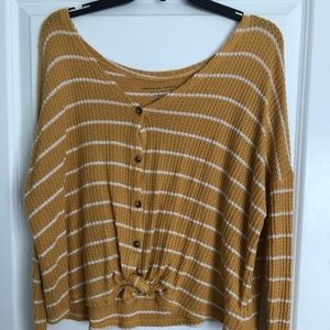 Yellow and white striped long-sleeve tie-front top